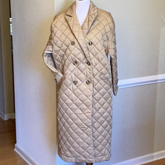 Rebecca Minkoff midi length khackie colored puffed quilted double breasted coat - Picture 1 of 11